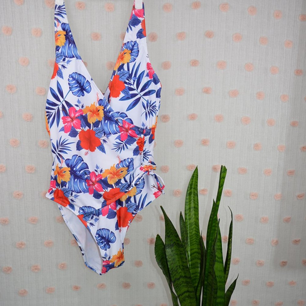 Swimsuit, one piece, Size M, tropical flowers, blue-orange-pink